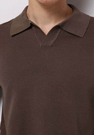 Regular Fit Polo Yaka Jakarlı Erkek Kahverengi Kazak