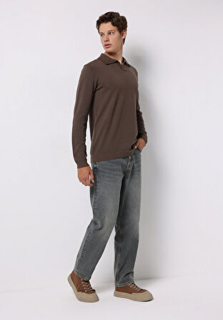 Regular Fit Polo Yaka Jakarlı Erkek Kahverengi Kazak