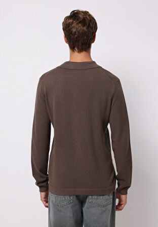 Regular Fit Polo Yaka Jakarlı Erkek Kahverengi Kazak