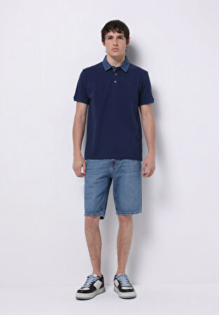 Regular Fit Polo Yaka Düz Erkek Mavi Kısa Kol Tişört