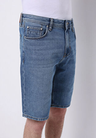 Regular Fit Orta Bel Düz Erkek İndigo Jean Şort