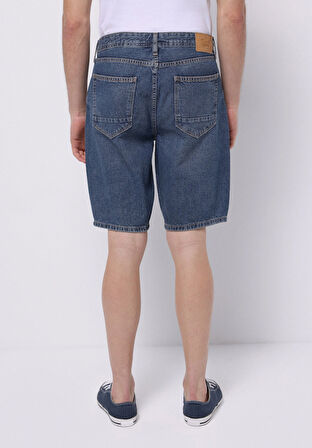 Regular Fit Orta Bel Düz Erkek Koyu İndigo Jean Şort