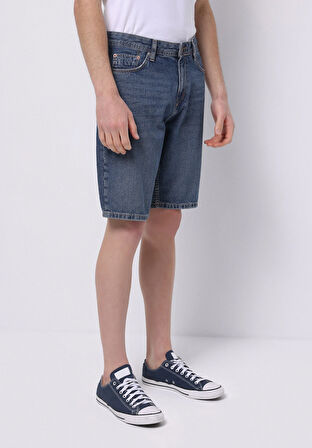 Regular Fit Orta Bel Düz Erkek Koyu İndigo Jean Şort