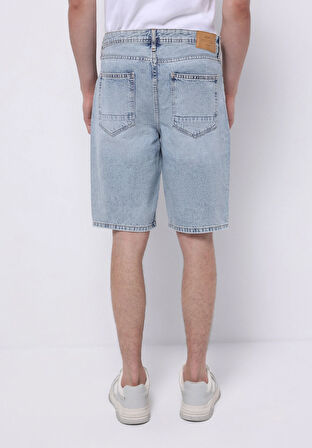 Regular Fit Orta Bel Düz Erkek Açik İndigo Jean Şort