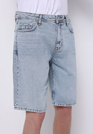 Regular Fit Orta Bel Düz Erkek Açik İndigo Jean Şort