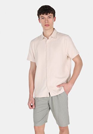 Regular Fit Shirt Neck Düz Erkek Bej Kısa Kol Gömlek