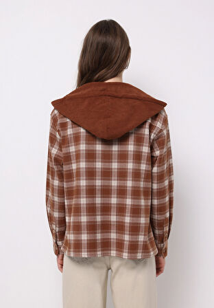 Regular Fit Kapüşonlu Ekoseli Kadın Bej Uzun Kol Gömlek