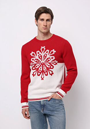 Regular Fit Yuvarlak Yaka Jakarlı Erkek Kirmizi Kazak