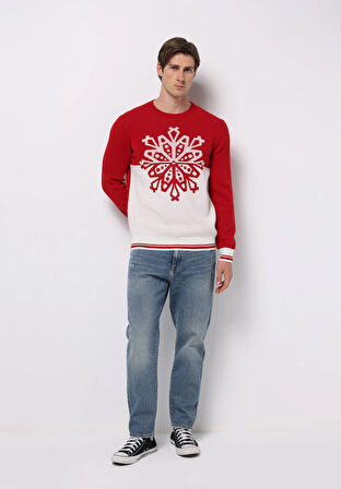 Regular Fit Yuvarlak Yaka Jakarlı Erkek Kirmizi Kazak