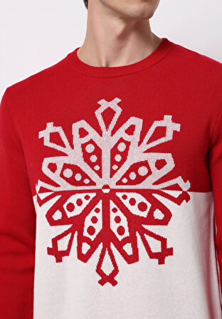 Regular Fit Yuvarlak Yaka Jakarlı Erkek Kirmizi Kazak