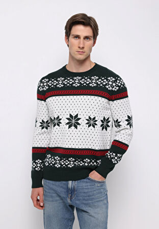 Regular Fit Yuvarlak Yaka Jakarlı Erkek Yeşil Kazak