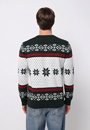 Regular Fit Yuvarlak Yaka Jakarlı Erkek Yeşil Kazak