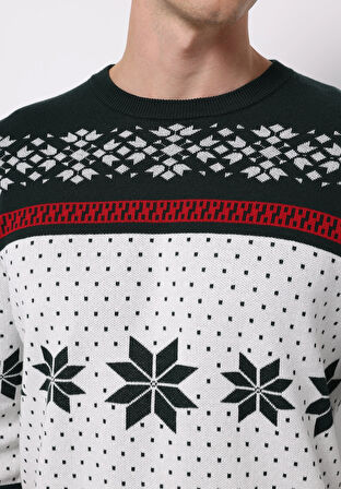 Regular Fit Yuvarlak Yaka Jakarlı Erkek Yeşil Kazak