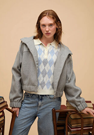 Regular Fit Polo Yaka Baskılı Kadın Beyaz Kazak