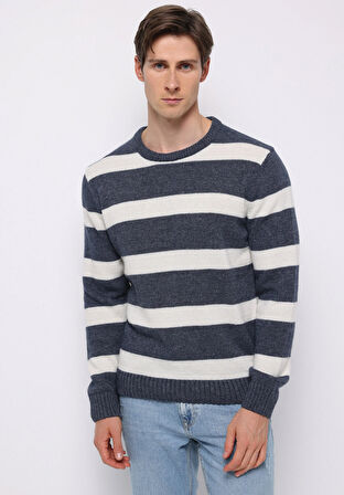 Regular Fit Yuvarlak Yaka Jakarlı Erkek Lacivert Kazak