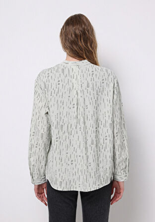 Regular Fit Hakim Yaka Baskılı Kadın Yeşil Uzun Kol Gömlek