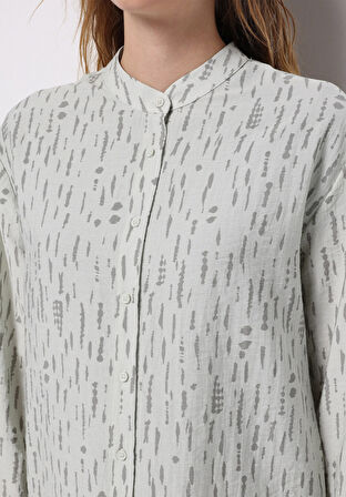 Regular Fit Hakim Yaka Baskılı Kadın Yeşil Uzun Kol Gömlek