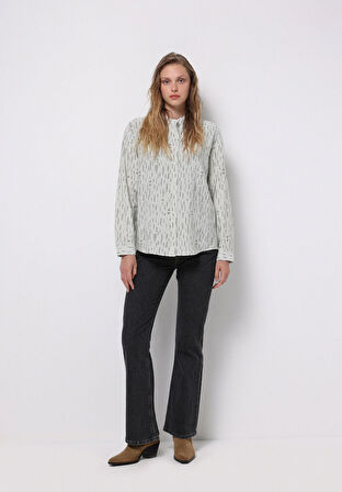 Regular Fit Hakim Yaka Baskılı Kadın Yeşil Uzun Kol Gömlek