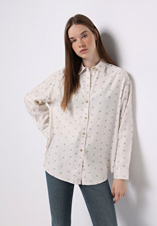 Relax Fit Shirt Neck Baskılı Kadın Ekru Uzun Kol Gömlek