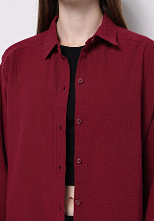 Relax Fit Shirt Neck Düz Kadın Bordo Uzun Kol Gömlek