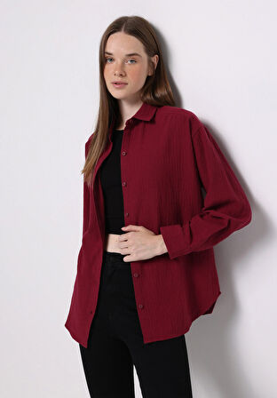 Relax Fit Shirt Neck Düz Kadın Bordo Uzun Kol Gömlek