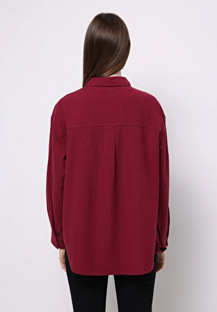Relax Fit Shirt Neck Düz Kadın Bordo Uzun Kol Gömlek