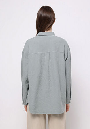 Relax Fit Shirt Neck Düz Kadın Yeşil Uzun Kol Gömlek