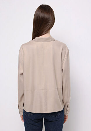 Relax Fit Shirt Neck Düz Kadın Bej Uzun Kol Gömlek