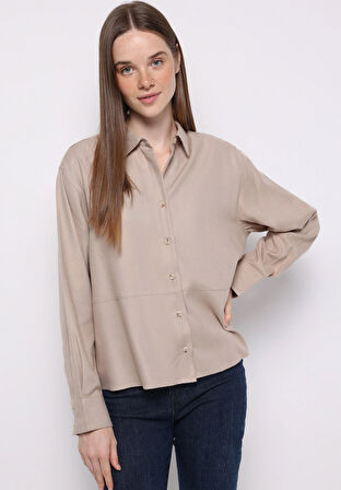 Relax Fit Shirt Neck Düz Kadın Bej Uzun Kol Gömlek