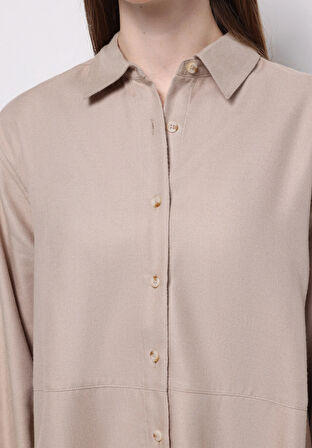 Relax Fit Shirt Neck Düz Kadın Bej Uzun Kol Gömlek