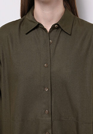 Relax Fit Shirt Neck Düz Kadın Yeşil Uzun Kol Gömlek