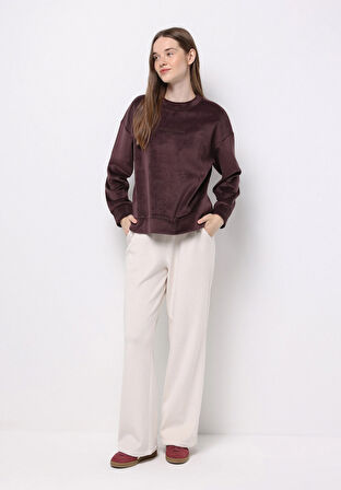 Regular Fit Yuvarlak Yaka Sloganlı Kadın Mor Sweatshirt