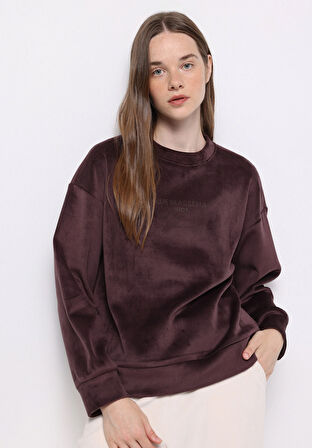 Regular Fit Yuvarlak Yaka Sloganlı Kadın Mor Sweatshirt