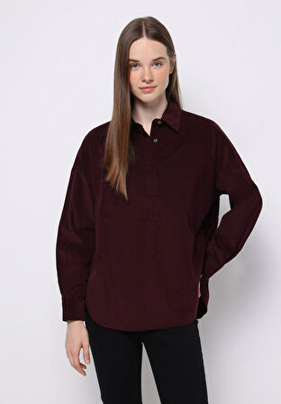 Relax Fit Shirt Neck Düz Kadın Bordo Uzun Kol Gömlek