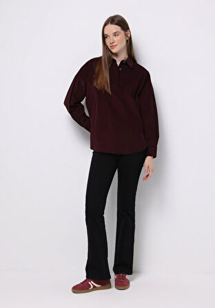 Relax Fit Shirt Neck Düz Kadın Bordo Uzun Kol Gömlek