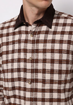 Comfort Fit Shirt Neck Kareli Erkek Kahverengi Uzun Kol Gömlek
