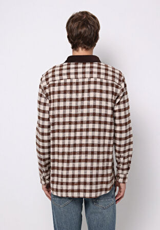 Comfort Fit Shirt Neck Kareli Erkek Kahverengi Uzun Kol Gömlek