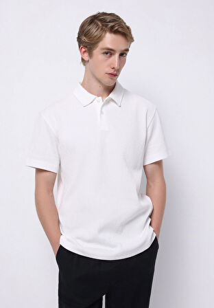 Comfort Fit Polo Yaka Düz Erkek Beyaz Kısa Kol Tişört