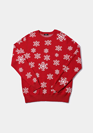 Regular Fit Yuvarlak Yaka Jakarlı Erkek Kirmizi Kazak