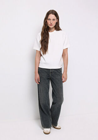 Regular Fit Yüksel Bel Geniş Paça Kadın Koyu İndigo Jean Pantolon