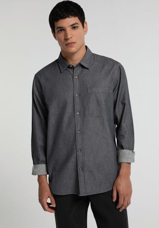 Regular Fit Shirt Neck Düz Erkek Antrasit Uzun Kol Gömlek