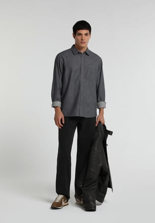 Regular Fit Shirt Neck Düz Erkek Antrasit Uzun Kol Gömlek
