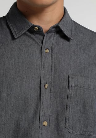 Regular Fit Shirt Neck Düz Erkek Antrasit Uzun Kol Gömlek