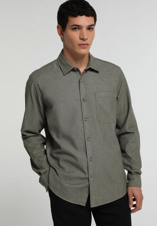 Regular Fit Shirt Neck Düz Erkek Yeşil Uzun Kol Gömlek
