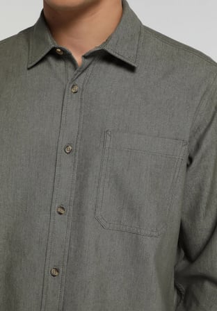 Regular Fit Shirt Neck Düz Erkek Yeşil Uzun Kol Gömlek