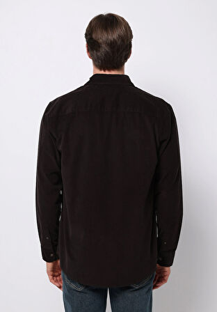 Regular Fit Shirt Neck Düz Erkek Kahverengi Uzun Kol Gömlek