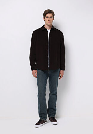 Regular Fit Shirt Neck Düz Erkek Kahverengi Uzun Kol Gömlek