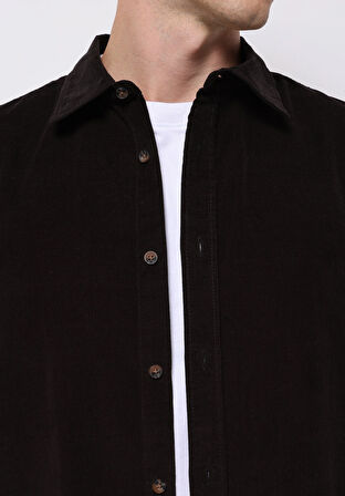 Regular Fit Shirt Neck Düz Erkek Kahverengi Uzun Kol Gömlek