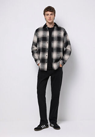 Comfort Fit Shirt Neck Kareli Erkek Siyah Uzun Kol Gömlek