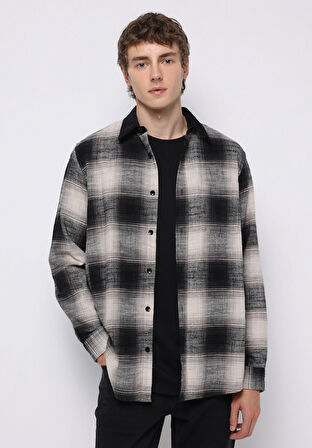 Comfort Fit Shirt Neck Kareli Erkek Siyah Uzun Kol Gömlek